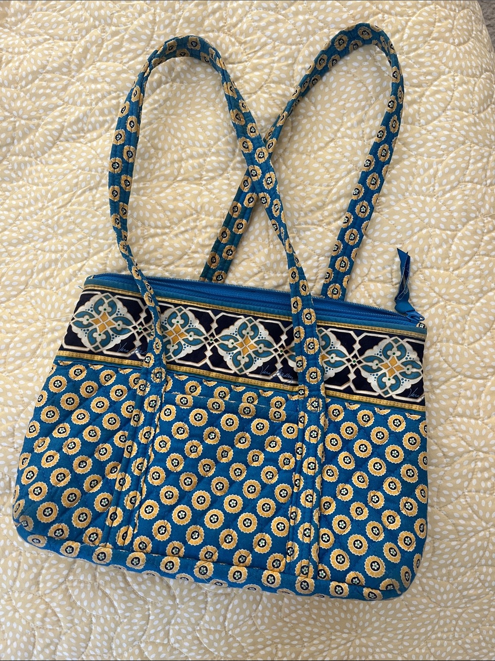 Vera Bradley turquoise, navy and gold patterned shoulder bag
